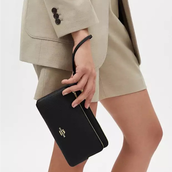 Coach Double Zip Wristlet Black Pebbled Leather - Picture 3 of 7